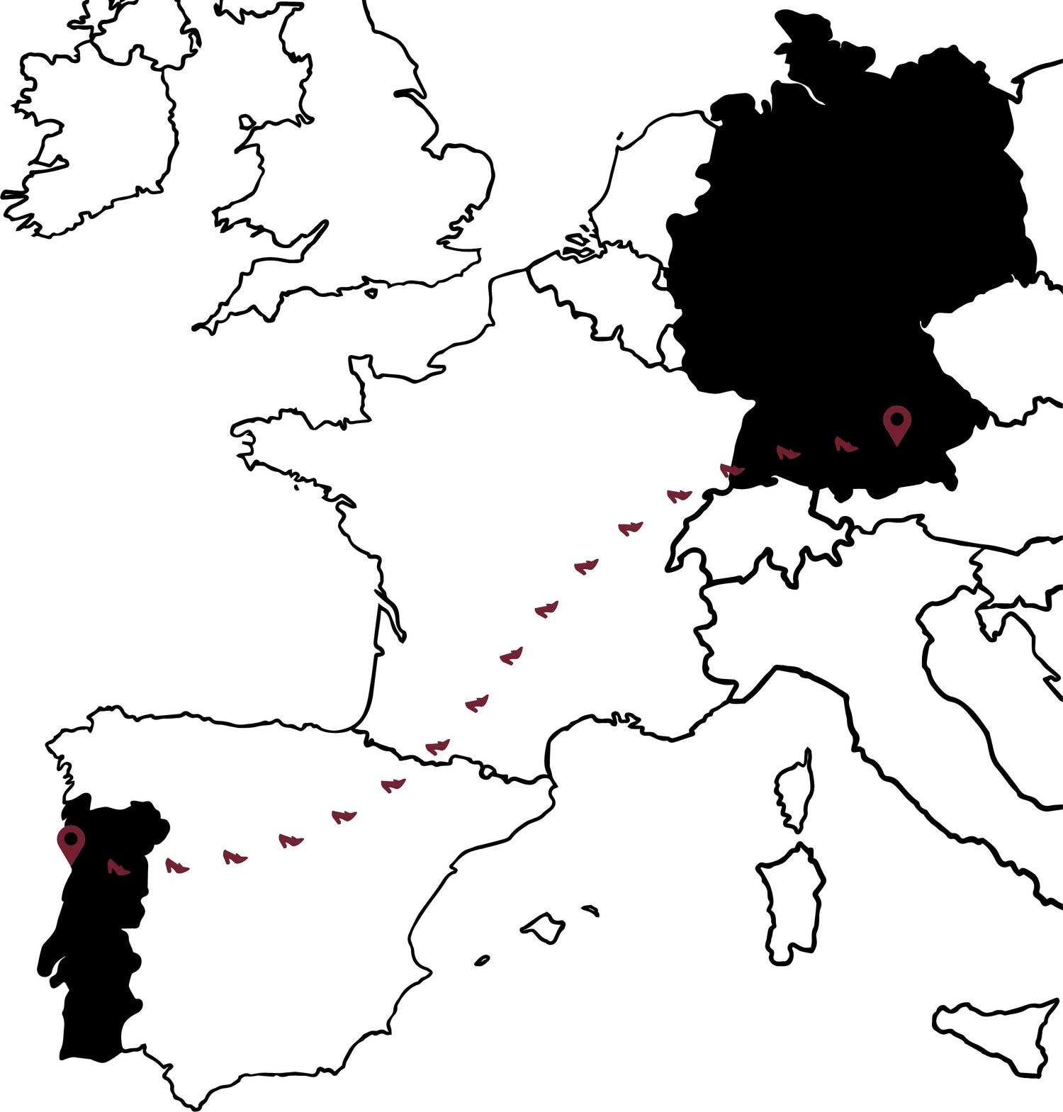 Landkarte mit Produktionsroute von Portugal nach Deutschland
