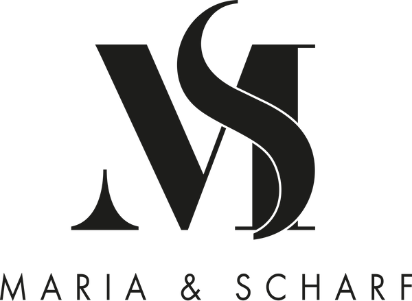 schwarzes Logo, M und S ineinander verschlungen mit Subline Maria & Scharf